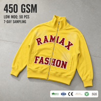Sweat-shirt zippé en chenille jaune 100% coton 450GSM RAMAX avec patch et motif graphique lettres universitaires, coupe oversize, streetwear uni pour homme, personnalisable