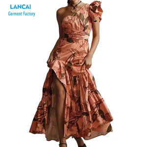Custom High Quality One-shoulder Printed Women Maxi with Frills and Slit Design Summer Wear