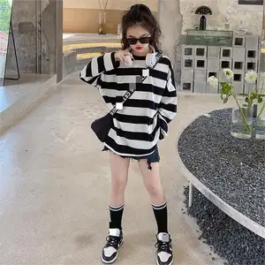 2023 New Fall Teenagers Girls Long Sleeved Black White Striped Casual Shirt Tops 5-15 Years
