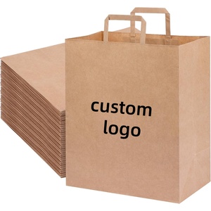 Sacs de courses en papier kraft laminé biodégradable classiques avec logo imprimé personnalisé, poignée plate, pour café et plats à emporter - Product Image 1