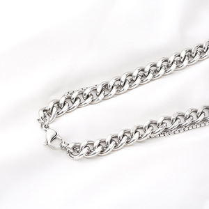 สร้อยคอคิวบันสแตนเลสสตีลสองชั้นพร้อมจี้แก้วสีดำลายเรขาคณิตสำหรับผู้ชาย - Product Image 4