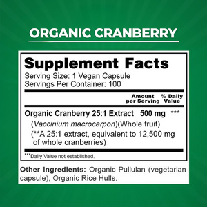 Extrait 25:1 de canneberge biologique 500mg favorise la santé des voies urinaires et le nettoyage puissant <span class=keywords><strong>100</strong></span> capsules végétaliennes - Product Image 4