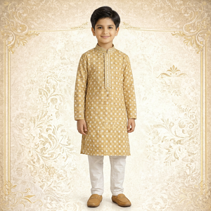 <b>Boys</b> Cotton <b>Kurta</b> Pajama Set Gold Printed Traditional Ethnic Wear Wedding Outfit Regular Fit Ankle Length Kids Indian Clothing - Product Image 1