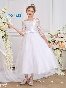 <span class=keywords><strong>Robe</strong></span> de demoiselle d'honneur <span class=keywords><strong>blanche</strong></span> pour enfants MQATZ, <span class=keywords><strong>robe</strong></span> de fête pour enfants, <span class=keywords><strong>robe</strong></span> à épaules dénudées avec manches courtes, vestido - Product Image 5