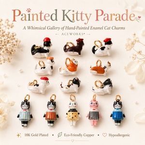 Painted Kitty Parade | 18K Gold Plated Brass Hand Painted Enamel Cat Charm,Cute Dressed Kitten Pendant for DIY Jewelry Making - Product Image 1