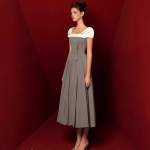 Formale partito collo quadrato piega Splicing <span class=keywords><strong>grigio</strong></span> abito di fascia alta da donna all'ingrosso stretto classico lungo elegante abiti da donna - Product Image 3