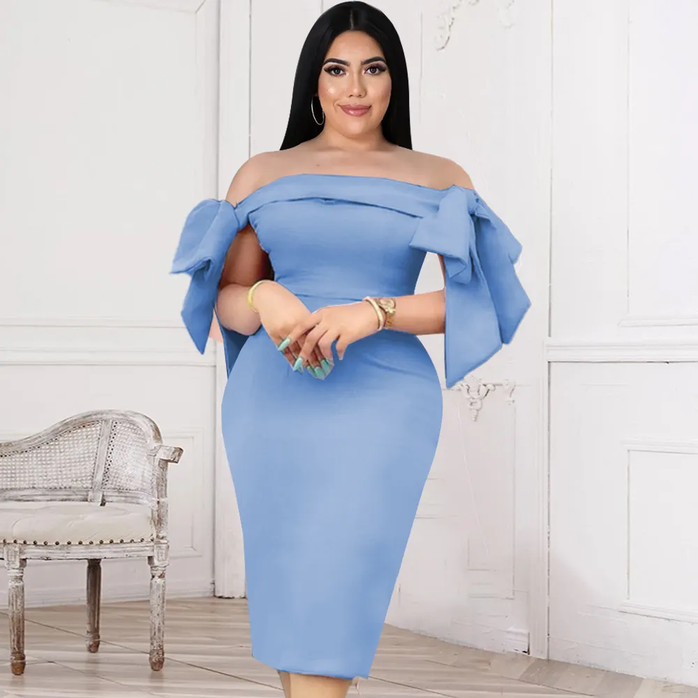 Plus Size Women Sexy Off Shoulder Bodycon Knee Length Bow Elegant Evening Party Dress