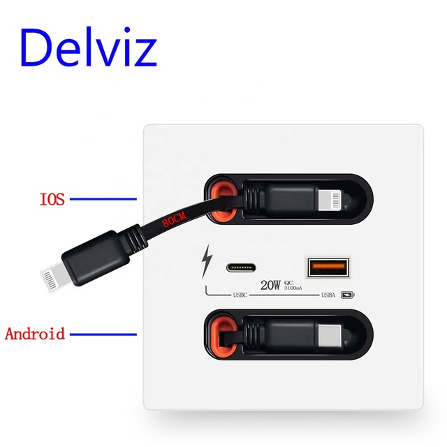 Delviz USB Socket with Retractable Charging Cable,PC Panel,3A USBA+USBC Universal Port, 20W Fast Charging Wall Type-C USB Socket