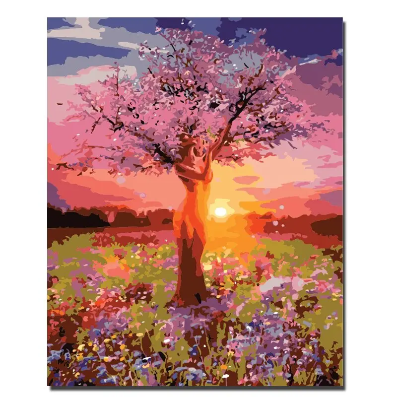 NEO1401 Lady Tree Landscape hand painting Picture flax digital wall photo Oil Painting by numbers