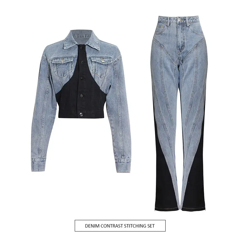 2022 High quality product spring fall patchwork two piece denim pants set streetwear jean jacket 2 piece set women