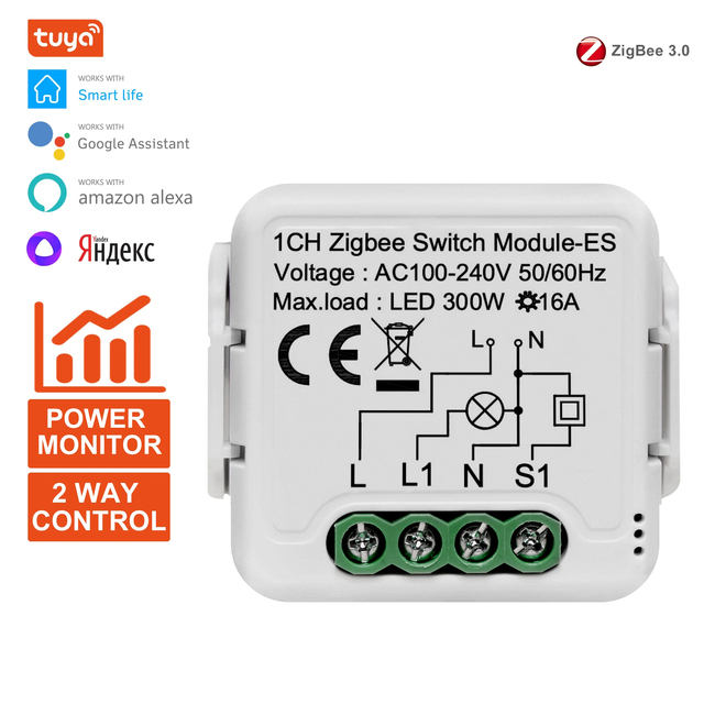 Tuya ZigBee 3.0 Smart Switch Module Relay 1 2 Gang 16A Power Metering App Control Work with Alexa Hey Google Hub Required