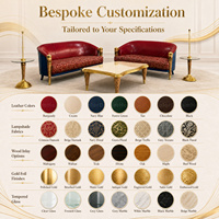 Ensemble de canapés vintage en cuir véritable avec cadre doré sculpté à la main pour villa, salon de cigares, salle de réception