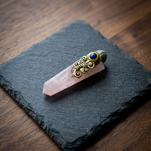 Pendentif crayon plat en quartz rose avec breloque plaquée or antique et pierre bleue, style vintage, bijou unisexe, cadeau, serti griffe - Product Image 3