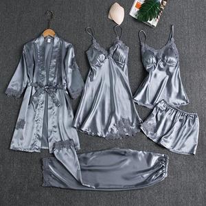 Conjunto de Verão Feminino em Cetim com Cinco Peças, Camisola Sexy de Manga Longa, Conjunto de Pijamas Respirável para Mulheres - Product Image 6