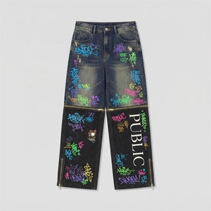 Pantalones Vaqueros de Mezclilla con Estampado de Graffiti Personalizado, Cintura Alta, Estilo Urbano Holgado, Impresión en Serigrafía, Dibujo a Mano, Desgastados, para Hombre - Product Image 1