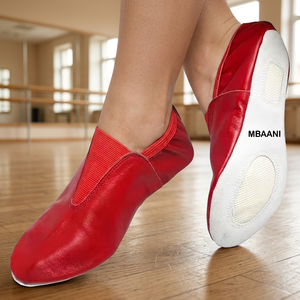 MBAANI Zapatos de baile de jazz y ballet de cuero genuino para mujer, con correa elástica roja, planos - Product Image 3