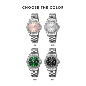Montre à quartz ronde pour femme SKMEI, bracelet en acier inoxydable, cadran en verre, affichage à aiguilles, étanche 3BAR, élégante et tendance - Product Image 3