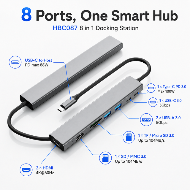 8in1 USB C Hub,Dual 4K*60Hz HDMI+SD/TF Card Reader,100W PD Charging Docking Station with 2xUSB-C & 2x USB-A 3.0 Ports for Laptop