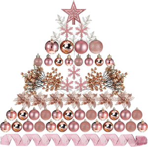Adornos navideños irrompibles de papel maché, juego de bolas color oro rosa, copo de nieve, poinsettia, adorno para árbol. - Product Image 1