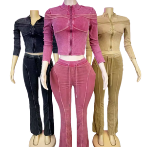 Viviblook Z1126ST15 Tenues pour femmes grandes tailles, haut court à manches longues avec fermeture éclair et patchwork, pantalon, ensemble de survêtement en deux pièces à côtes - Product Image 1