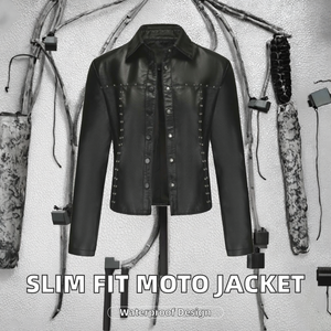 Blouson d'hiver tendance pour femme, coupe ajustée, en similicuir denim, imperméable, style motard, coupe courte, coupe-vent, avec logo uni - Product Image 2