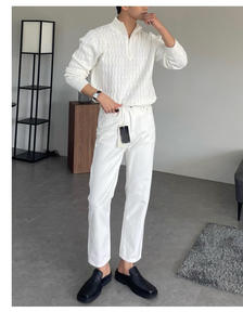 Pull Slouchy avancé pour hommes, pull <span class=keywords><strong>chic</strong></span> à manches longues et à fermeture éclair à <span class=keywords><strong>col</strong></span> <span class=keywords><strong>roulé</strong></span> blanc, saison d'automne - Product Image 3