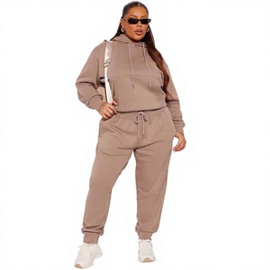 <b>Women's</b> 2 Piece Fleece Hoodie Jogger <b>Set</b> Solid Color Loose Fit Casual All Seasons Knitted Cotton Outfit - Product Image 1
