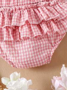 Body a triangolo in cotone a maniche lunghe per neonata, stile europeo-americano, novità autunnale, con fascia per capelli, patchwork a quadri, ODM transfrontaliero - Product Image 5