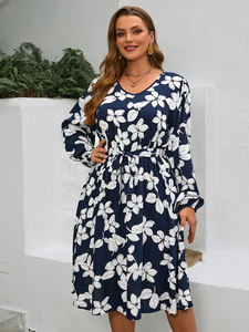 Vestido informal de talla grande para mujer, vestido Midi de vacaciones con estampado Floral de manga larga elegante a la moda, vestido holgado de talla grande con cinturón - Product Image 5
