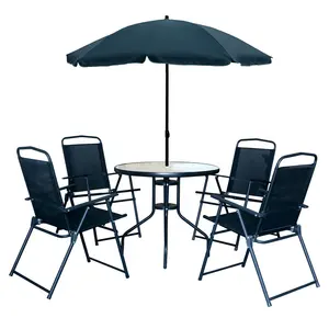 6PC花园家具套装圆形玻璃桌和4个折叠椅和倾斜阳伞