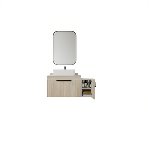 Meuble de salle de bain moderne avec vasque en céramique de 42 pouces, plateau en pierre plate, porte à fermeture douce et miroir inclus - Product Image 1