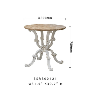 Table basse de salle à manger rustique de style ferme, ronde, en bois sculpté, blanchi à la chaux, avec 4 pieds croisés - Product Image 6