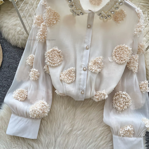 เสื้อเชิ้ตตาข่ายปักลายดอกไม้ 3 มิติ งานปักหนัก ทรงหลวม แขนยาว แฟชั่นสำหรับผู้หญิง - Product Image 4