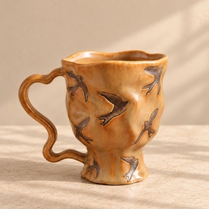 Vintage Tan Ceramic Coffee Mug Swallow Pattern Wavy Handle Heat Resistant Stoneware Tea Cup - Product Image 1