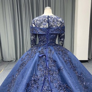 Vestido de Quinceañera Azul Marino de Lujo Lsany279, Cuello Ilusión, Manga Larga, Apliques de Encaje, Vestido de Princesa con Brillo, Jancember - Product Image 6