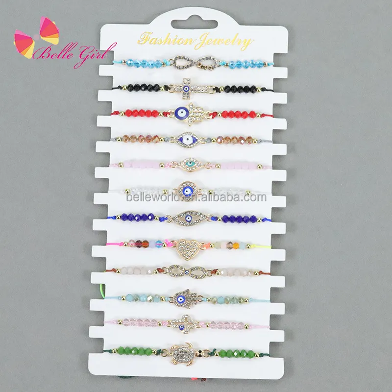 BELLEWORLD-pulsera trenzada con cuentas de cristal para niña, brazalete ajustable con corazón de tortuga y Diamante, venta al por mayor