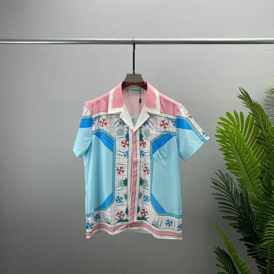 Kaus motif digital 3D baru musim panas kaus kerah garis terbuka cocok untuk lengan pendek Satin gaya Tiongkok sutra antiserabut