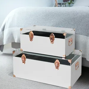 White Set Of 2 Leather Storage Trunk With Clear Acrylic Lid And Rose Gold Lock Accessories