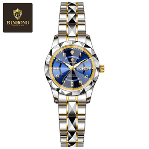 Binbang Women's Quartz Watch Blue Dial Stainless Steel Band Dual Calendar Luminous Waterproof Analog Wristwatch For Female - Product Image 4