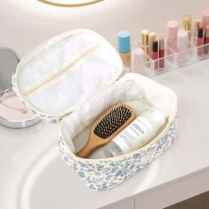 Cute Floral Print Canvas Makeup Bag <b>Quilted</b> Cosmetic Organizer with Shoulder Handle and <b>Double</b> Zippers Large Capacity - Product Image 4