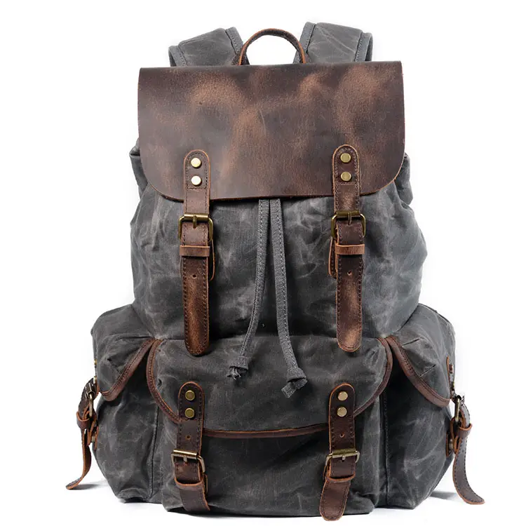 wear-resistant waxed canvas hiking backpack waterproof men's travel backpack anti-theft vintage men backpack