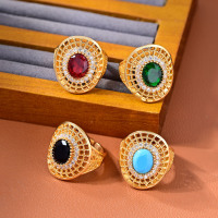 Nouvelle Tendance Bague Ajustable pour Femme en Laiton Plaqué Or 18K, Style Classique Filigrane, avec Pierre Ovale en Zircon Cubique, Résistante à la Transpiration, pour Mariage