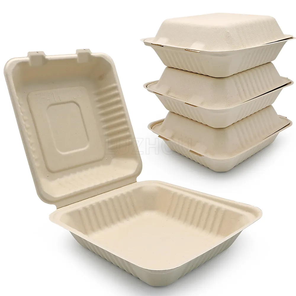 LuzhouPack 1200ml 8 "Microwavable Greaseproof Eco Friendly Biodegradável Cana Bagaço Food Lunch Box Para Ir