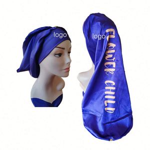 Bonnet de nuit en satin long pour femme, doux et soyeux, à couche unique, avec large bande élastique, logo personnalisé et bouton-pression - Product Image 1