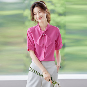 Women's Short Sleeve Chiffon Blouse Solid Color Button Front Wrap <b>Tie</b> Work Shirt For Office Commuting Professional Look - Product Image 1