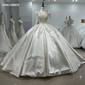 Robe de mariée princesse à col en V et manches longues pour femme, en dentelle avec traîne, jolies robes de mariée Xs068 - Product Image 1