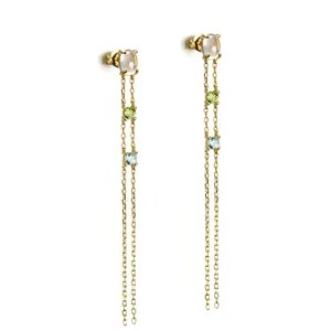 Joacii 925 Sterling Silver 14K Gold Plated Gemstone Series Pink Crystal Green Peridot Blue Topaz Tassel Double Layer Earrings