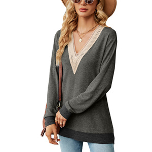 2024 Planejador Personalizado Oversized Lace Trim V Neck Tee Senhoras Designs Blusas Elegantes Mulheres - Product Image 3
