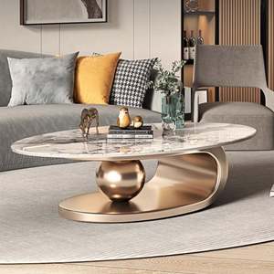 Mesa de Centro Moderna de Lujo para Sala de Estar, Muebles para el Hogar, Patas de Acero Inoxidable Gris Dorado, Superficie de Piedra Sinterizada, Duradera - Product Image 1
