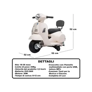 Mini Vespa Gts Bianca Scooter électrique à trois roues en plastique 52 cm pour enfants de 18 à 36 mois avec musique et lumières - Product Image 3